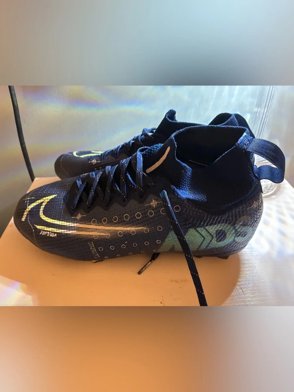 Nike Kids Navy Blue and Green Soccer Cleats (Size 6Y)